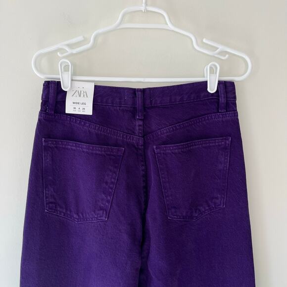 Zara NWT High-Rise Full Length Wide Leg Raw Hem Purple Denim Jeans, Size 4 - Picture 12 of 15